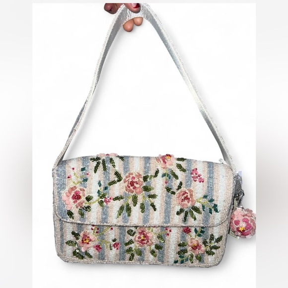 T.J.Maxx Handbags - viral blue and pink stripped rose Floral beaded Shoulder Bag made in india